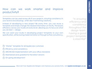 CONSULTANCY
Discover how Applecore Designs can improve your productivity, visit applecoredesigns.co.uk
Templates can be used across all of your projects, ensuring consistency in
your brand and drawings, whilst also maintaining creativity.
Instead of developing a new project file every time, you can reuse a
template and simply change the desired information on the fly. This boosts
efficiency across your studio at every level, allowing you to focus on what
you do best — design.
We can assist your studio in developing project templates to your own
specification, either during implementation or through further consultancy.
“In ensuring
efficiency and
consistency
throughout the
design team,
having a good
project template
is essential”
How can we work smarter and improve
productivity?
“Starter” template for all Applecore customers
Efficiency and consistency
ARCHICAD implementation with your office standards
Maintained and updated for the latest versions
On-going development
11
 
