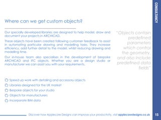 CONSULTANCY
Discover how Applecore Designs can improve your productivity, visit applecoredesigns.co.uk
Our specially developed libraries are designed to help model, draw and
document your projects in ARCHICAD.
These objects have been created following customer feedback to assist
in automating particular drawing and modelling tasks. They increase
efficiency, add further detail to the model, whilst reducing drawing and
modelling time.
Our in-house team also specialises in the development of bespoke
ARCHICAD and IFC objects. Whether you are a design studio or
manufacturer we can assist you with your requirements.
“Objects contain
predefined
parameters
which control
the geometry,
and also include
predefined data
fields”
Where can we get custom objects?
Speed up work with detailing and accessory objects
Libraries designed for the UK market
Bespoke objects for your studio
Objects for manufacturers
Incorporate BIM data
15
 