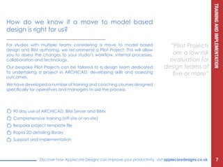 TRAININGANDIMPLEMENTATION
Discover how Applecore Designs can improve your productivity, visit applecoredesigns.co.uk
For studios with multiple teams considering a move to model based
design and BIM authoring, we recommend a Pilot Project. This will allow
you to assess the changes to your studio’s workflow, internal processes,
collaboration and technology.
Our bespoke Pilot Projects can be tailored to a design team dedicated
to undertaking a project in ARCHICAD, developing skills and assessing
outcomes.
We have developed a number of training and coaching courses designed
specifically for operatives and managers to aid the process.
“Pilot Projects
are a low risk
evaluation for
design teams of
five or more”
How do we know if a move to model based
design is right for us?
90 day use of ARCHICAD, BIM Server and BIMx
Comprehensive training (off-site or on-site)
Bespoke project template file
Rapid 2D detailing library
Support and implementation
7
 
