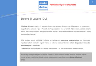 5
Datore di Lavoro (DL)
Il Datore di Lavoro (DL) è “il soggetto titolare del rapporto di lavoro con il Lavoratore o, comunque, il
soggetto che, secondo il tipo e l’assetto dell’organizzazione nel cui ambito il Lavoratore presta la propria
attività, ha la responsabilità dell’organizzazione stessa o della Unità Produttiva in quanto esercita i poteri
decisionali e di spesa”.
Il DL gestisce una o più Unità Produttive e si attiva con opportuna organizzazione per il completo
rispetto di tutte le normative vigenti Interne ed esterne, assicurandosi che tutte le disposizioni impartite
siano eseguite e realizzate.
Ciascuno per la propria parte ha l’obbligo di supportare il DL nell’espletamento della sua attività.
Alcuni degli obblighi delegabili in capo al Datore di Lavoro possono essere attribuiti, secondo precise
regole, ad uno o più Dirigenti della propria organizzazione identificati come Dirigenti Delegati
(DLD).
Formazione per la sicurezza
 