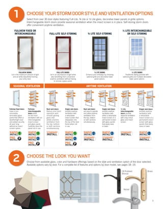 3
CHOOSEYOURSTORMDOORSTYLEANDVENTILATIONOPTIONS
Select from over 30 door styles featuring Full-Lite, ¾ Lite or ½ Lite glass, decorative lower panels or grille options.
Interchangeable storm doors provide seasonal ventilation when the insect screen is in place. Self-storing storm doors
offer convenient anytime ventilation.
1
CHOOSE THE LOOK YOU WANT
Choose from available glass, color and hardware offerings based on the style and ventilation option of the door selected.
Available options vary by door. For a complete list of features and options by door model, see pages 18–19.
2
FULLVIEW DOORS
Let in the maximum amount of light
and air while beautifully framing
your entry door.
FULL-LITE DOORS
Let in an abundance of light while
also benefiting from convenient
anytime ventilation without having
to remove a glass panel.
¾ LITE DOORS
Enhance your entryway by choosing
optional grille and decorative lower
panel options.
½ LITE DOORS
Traditional styling possible with
optional grille and multiple decorative
lower panel options.
Fullview fixed doors
have a non-
removable
laminated glass
panel that offers a
weathertight seal
and added security
all year long
without an insect
screen option.
Fullview
interchangeable
doors allow
for the most
ventilation with an
interchangeable
insect screen
and glass panel.
Carefully store the
panel not in use.
Dual vent doors
feature one-hand
operation with
smooth-gliding
glass that
allows anytime
ventilation from
the top, bottom
or both sections
simultaneously.
Single vent doors
provide anytime
ventilation with
a retractable
insect screen that
disappears into
the top of the door
frame when not
in use.
Dual vent doors
are easy to operate
and allow anytime
ventilation from
the top, bottom
or both sections
simultaneously.
Single vent doors
provide anytime
ventilation with
either a retractable
insect screen or a
permanent screen
with glass panels
that easily raise
or lower.
½ Lite
interchangeable
doors provide
seasonal ventilation
with snap in/out
glass and insect
screen.
Single vent doors
provide anytime
ventilation with
a retractable
insect screen or a
permanent insect
screen with glass
panels that easily
raise or lower.
SEASONAL VENTILATION ANYTIME VENTILATION
¾ LITE SELF-STORING
½ LITE INTERCHANGEABLE
OR SELF-STORINGFULL-LITE SELF-STORING
FULLVIEW FIXED OR
INTERCHANGEABLE
Nickel
Oil Rubbed
Bronze
Brass
Nickel
Oil Rubbed
Bronze
P
P P
 