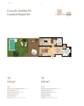 The Nest 24
City Garden
esquema_final.pdf 1 13/08/2018 15:03
Casa do Jardim 1D
Garden House 1D
T1
143 m2
T1
143 m2
Piso: 1
Área bruta privativa interior: 71 m²
Área exterior: 72 m²
Área privativa total: 143 m²
Estacionamentos: 1
Arrecadações: 1
Extras: Jardim privativo, piscina
Floor: 1
Indoor gross private area: 71 m²
Outdoor arear: 72 m²
Total private area: 143 m²
Parking spots: 1
Storage rooms: 1
Extras: Private garden, pool
 