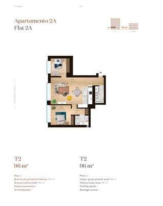 The Nest 44
City Garden
esquema_final.pdf 1 13/08/2018 15:03
Apartamento 2A
Flat 2A
T2
96 m2
T2
96 m2
Piso: 2
Área bruta privativa interior: 96 m²
Área privativa total: 96 m²
Estacionamentos: 1
Arrecadações: 1
Floor: 2
Indoor gross private area: 96 m²
Total private area: 96 m²
Parking spots: 1
Storage rooms: 1
RuaRodrigodaFonseca
 