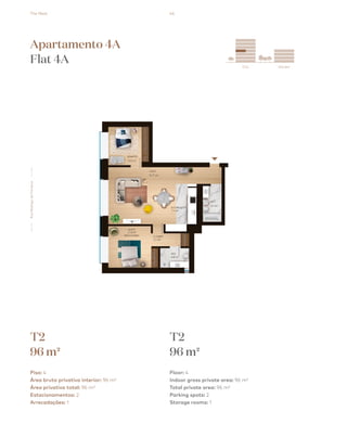 The Nest 46
City Garden
esquema_final.pdf 1 13/08/2018 15:03
Apartamento 4A
Flat 4A
T2
96 m2
T2
96 m2
Piso: 4
Área bruta privativa interior: 96 m²
Área privativa total: 96 m²
Estacionamentos: 2
Arrecadações: 1
Floor: 4
Indoor gross private area: 96 m²
Total private area: 96 m²
Parking spots: 2
Storage rooms: 1
RuaRodrigodaFonseca
 