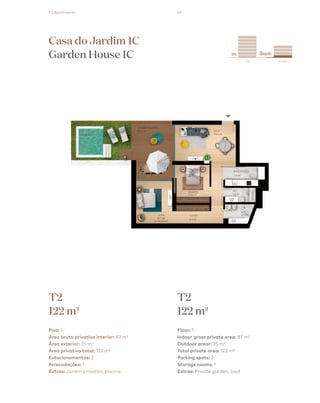 49
City Garden
esquema_final.pdf 1 13/08/2018 15:0
Casa do Jardim 1C
Garden House 1C
T2
122 m2
T2
122 m2
Piso: 1
Área bruta privativa interior: 87 m²
Área exterior: 35 m²
Área privativa total: 122 m²
Estacionamentos: 2
Arrecadações: 1
Extras: Jardim privativo, piscina
Floor: 1
Indoor gross private area: 87 m²
Outdoor arear: 35 m²
Total private area: 122 m²
Parking spots: 2
Storage rooms: 1
Extras: Private garden, pool
T2 Apartments
 
