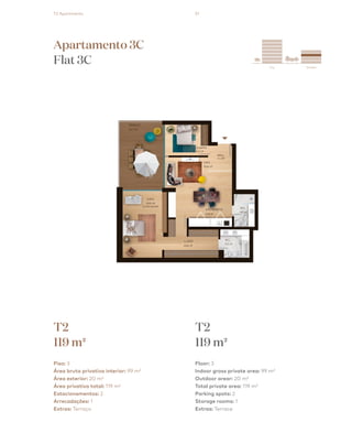 51
City Garden
esquema_final.pdf 1 13/08/2018 15:0
T2
119 m2
T2
119 m2
Piso: 3
Área bruta privativa interior: 99 m²
Área exterior: 20 m²
Área privativa total: 119 m²
Estacionamentos: 2
Arrecadações: 1
Extras: Terraço
Floor: 3
Indoor gross private area: 99 m²
Outdoor arear: 20 m²
Total private area: 119 m²
Parking spots: 2
Storage rooms: 1
Extras: Terrace
Apartamento 3C
Flat 3C
T2 Apartments
 