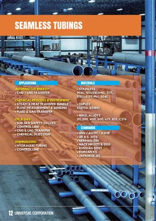 SEAMLESS TUBINGS
12
ALTERNATIVE ENERGY
CHEMICAL PROCESS & INSTRUMENT
OIL & GAS
SHIPBUILDING
APPLICATIONS MATERIALS
STANDARDS
 