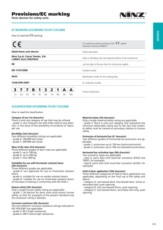 Provisions/EC marking
Panic devices for safety exits



EC MaRKING aCCORdING TO EN 1125:2008




                                                                                                                                            dEVICES
How to read the      marking:


                                                                EC conformity marking consisting of the “       ” symbol
                                                                indicated in Directive 93/68/CE

EXUS Panic exit device                                          Product description

Ninz S.p.A. Corso Trento, 2/A
                                                                Name or identifying mark and registered address of the manufacturer
I-38061 ALA (TN)/ITALY

08                                                              Last two digits of the year when the marking was applied

EN 1125:2008                                                    Standard number

0425                                                            Identification number for the certifying body

1228-CPD-2007                                                   EC certification number


  3 7 7 B 1 3 2 1 A A                                           Product classification
  1st   2nd   3rd   4th   5th    6th   7th   8th   9th   10th




CLaSSIFICaTION aCCORdING TO EN 1125:2008

How to read the classiﬁcation:

Category of use (1st character)                                 Material safety (7th character)
There is only one category of use that may be utilized:         Only a single material safety rating are applicable:
- grade 3: very frequent use with little need to pay atten-     - grade 2: there is only one category that represents the
tion, in the sense of the possibility of accidents or impro-    minimum obtainable rating due to the fact that materi-
per use.                                                        al safety must be viewed as secondary relative to human
                                                                safety.
Durability (2nd character)
Two different durability ratings are applicable:                Protrusion of horizontal bar (8° character)
- grade 6: 100,000 test cycles;                                 Two different grades of horizontal bar protrusion are ap-
- grade 7: 200.000 test cycles.                                 plicable:
                                                                - grade 1: protrusion up to 150 mm (extra protrusion);
Mass of the door (3rd character)                                - grade 2: protrusion up to 100 mm (standard protrusion).
Three different grades of door mass are applicable:
- grade 5: up to 100 kg;                                        Horizontal bar activation type (9th character)
- grade 6: up to 200 kg;                                        Two activation types are applicable:
- grade 7: over 200 kg.                                         - type A: panic bars with push-bar activation (EXUS and
                                                                TWIST, for example);
Suitability for use with fire/smoke resistant doors             - type B: panic bars with touch-bar activation (SLASH, for
(4th character)                                                 example).
Three different grades are applicable:
- grade 0: non approved for use on fire/smoke resistant         Field of door application (10th character)
doors;                                                          Three different categories of field of door application are
- grade A: suitable for use on smoke resistant doors;           applicable, depending on the final use of the safety exit
- grade B: suitable for use on fire/smoke resistant doors;      device:
on the basis of testing in conformity with EN 1634-1.           - category A: one-leaved door, two-leaved door: active or
                                                                secondary leaf, push opening;
Human safety (5th character)                                    - category B: only one-leaved doors, push opening;
Only a single human safety rating are applicable:               - category C: two-leaved doors, secondary leaf only, push
- grade 1: all devices for panic exits must ensure human        opening.
safety, so that for purposes of the present standard only
the maximum rating is allowed.

Corrosion resistance (6th character)
The two different corrosion resistance ratings indicated in
EN 1670:2007 are applicable:
- grade 3: 96 h (high resistance);
- grade 4: 240 h (extra-high resistance).



                                                                                                                                      115
 