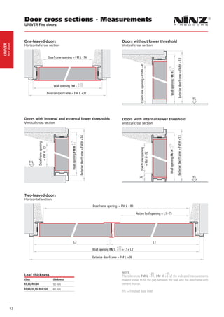 Door cross sections - Measurements
                 UNIVER Fire doors



                 One-leaved doors                                                                                                               Doors without lower threshold
     fire door
UNIVER




                 Horizontal cross section                                                                                                       Vertical cross section


                                                 Doorframe opening = FM L -74




                                                                                                                                                                                                                              Exterior doorframe = FM H +13
                                                                                                                                                               Doorframe opening = FM H -40




                                                                                                                                                                                                   +15
                                                                                                                                                                                                     Wall opening FM H +5
                                                                                          +20
                                                      Wall opening FM L +10

                                                 Exterior doorframe = FM L +32
                                                                                                                                                                                                                                                              FFL




                 Doors with internal and external lower thresholds	                                                                             Doors with internal lower threshold
                 Vertical cross section                                                                                                         Vertical cross section
                                                                                           Exterior doorframe = FM H +34




                                                                                                                                                                                                                            Exterior doorframe = FM H +13
                                                                  +15
                             Doorframe opening




                                                                   Wall opening FM H +5




                                                                                                                                                                                                   +15
                                                                                                                                                                                                    Wall opening FM H +5
                                = FM H -72




                                                                                                                                                               Doorframe opening
                                                                                                                                                                  = FM H -72



                     FFL



                                                                                                                                                                                                                                                              FFL
                                                                                                                                                              32




                 Two-leaved doors
                 Horizontal section

                                                                                                                           Doorframe opening = FM L - 80

                                                                                                                                                            Active leaf opening = L1 -75




                                                                         L2                                                                                                                   L1
                                                                                                                                             +20
                                                                                                                           Wall opening FM L +10 = L1+ L2

                                                                                                                           Exterior doorframe = FM L +26



                                                                                                                                                NOTE                     +20        +15
                 Leaf thickness                                                                                                                 The tolerances FM L +10 , FM H +5 of the indicated measurements
                 class                               thickness                                                                                  make it easier to fill the gap between the wall and the doorframe with
                 EI230, REI 60                       50 mm                                                                                      cement mortar.
                 EI260, EI290, REI 120               60 mm
                                                                                                                                                FFL = Finished floor level




           12
 