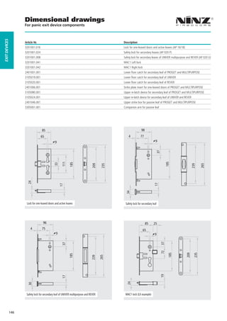 Dimensional drawings
                     For panic exit device components
EXIT DEVICES




                     Article Nr.                                                               Description
                     3201001.016                                                               Lock for one-leaved doors and active leaves (AP 16/18)
                     3201001.024                                                               Safety lock for secondary leaves (AP 020 P)
                     3201001.008                                                               Safety lock for secondary leaves of UNIVER multipurpose and REVER (AP 020 U)
                     3201001.041                                                               MAC1 Left lock
                     3201001.042                                                               MAC1 Right lock
                     2401001.001                                                               Lower floor catch for secondary leaf of PROGET and MULTIPURPOSE
                     3105019.001                                                               Lower floor catch for secondary leaf of UNIVER
                     3105020.001                                                               Lower floor catch for secondary leaf of REVER
                     2401006.001                                                               Strike plate insert for one-leaved doors of PROGET and MULTIPURPOSE
                     3105080.001                                                               Upper re-latch device for secondary leaf of PROGET and MULTIPURPOSE
                     3105024.001                                                               Upper re-latch device for secondary leaf of UNIVER and REVER
                     2401046.001                                                               Upper strike box for passive leaf of PROGET and MULTIPURPOSE
                     3305001.001                                                               Companion arm for passive leaf




                                    85                                                                          98
                                   65                                                              4          77
                                                9                                                                            9




                                                                                                                             37
                                                      111




                                                                                                                                       185
                                                              185
                                               33




                                                                                                                                                                     265
                                                                                 209

                                                                                         235




                                                                                                                                                              239
                       24




                                                                                                                           17
                                                     17




                                                                                                 34




                      Lock for one-leaved doors and active leaves                               Safety lock for secondary leaf




                                     96                                                                              85    25
                          4         75                                                                           65
                                                 9                                                                          9
                                                                                                                                  37
                                                      37




                                                                                                                                  72

                                                                                                                                        185




                                                                                                                                                        209

                                                                                                                                                               235
                                                             185




                                                                                        265
                                                                                 239




                                                                                                                                  19
                                                      17




                                                                                                 24
                       30




                      Safety lock for secondary leaf of UNIVER multipurpose and REVER           MAC1 lock (LX example)




               146
 