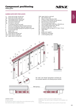 Component positioning
Sliding gates



sliding gATEs WiTH TWO lEAVEs




                                                                                                                                                          sliding
                                                                                                                                                                gates
1F.    panel with handle, female leaf                                           12M.   upper tube for male leaf
1M.    panel with handle, male leaf                                             16.    pair of lateral caps
2F.    intermediate panel, female leaf                                          17.    afeed-in impact absorber SAM
2M.    intermediate panel, male leaf                                            18.    VT feed-in brake (brake line belt device)
3F.    final panel, female leaf                                                 19.    thermal fuse or electromagnet
3M.    final panel, male leaf                                                   20.    floor-mounted guide track
4.     Z overlapping labyrinth (wall)                                           21.    counterweight plate 105x105 or 205x105 mm
5.     vertical L overlapping labyrinth (leaf posterior)                        22.    return pulley standard diam. 60 mm
6.     horizontal overlapping L labyrinth (upper leaf)                          24.    normal carriage diam. 75 mm
7.     horizontal overlapping labyrinth beneath the guide                       25.    double-grooved carriage for VT diam. 75 mm
8.     counterweight box                                                        26.    cable clamp
9.     guide cover                                                              27.    cable
10.    sliding guide track                                                      28.    guide-cover support
11F.   lower tube for female leaf                                               30.    molded pair of handles
11M.   lower tube for male leaf                                                 31.    L end of guiding track
12F.   upper tube for female leaf




                                                                                                                   Foro muro H




                                                                          The "male" and "female" leaf position is not fixed, and
                                                                          the orientation depicted in the drawing may be inverted.




                                                                    Wall opening L




GENERAL NOTES                                                                   Installation should be executed by qualified technicians.
All rights reserved.                                                            Modifications may only be made as indicated in the installation inst-
No reproduction (partial or total) without prior authorization by Ninz.         ructions.
Ninz reserves the right to modify the product.                                  Original NINZ replacement parts must be used for all repair work.

                                                                                                                                                        165
 