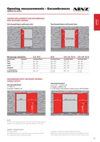 Opening measurements - Encumbrances
UNIVER Fire doors



OPENING MEASUREMENT AND ENCUMBRANCE




                                                                                                                                                                fire door
                                                                                                                                                           UNIVER
WITH 90 DEGREE OPENING

One-leaved doors with panic bar                                           Two-leaved doors with panic bars




Net passage calculation                          EI230 - REI 60           REI 60                  EI260 - EI290 - REI 120   EI260 - EI290 - REI 120
panic bar type            protrusion             one-leaved doors         two-leaved doors        one-leaved doors          two-leaved doors
EXUS                      125                    FML - 226                FML - 384               FML - 236                 FML - 404
TWIST                     100                    FML - 201                FML - 334               FML - 211                 FML - 354
SLASH                     75                     FML - 176                FML - 284               FML - 186                 FML - 304
TOUCHBAR                  74                     FML - 175                FML - 282               FML - 185                 FML - 302
z = leaf protrusion                                                       L1 + 35                                           L1 + 35
                                                 FML + 29                                         FML + 29
relative to the wall                                                      L2 + 64                                           L2 + 64




ENCUMBRANCE WITH 180 DEGREE OPENING -
HANDLE HEIGHT
                                                                          Two-leaved doors
One-leaved doors                                                          x = L1 + 5     y = L2 + 35
x = FML + 5                                                               h handle = FMH/2 + 50
h handle = FMH/2 + 50                                                     b = 130 (only in the presence of panic bars or M14 handles)




NOTE
The 90 or 180 degree opening of the leaf could be compromised if
handle or door closer protrusions come into contact with the wall.



UNIVER - GENERAL NOTES
All rights reserved.                                                      Installation should be executed by qualified technicians.
No reproduction (partial or total) without prior authorization by Ninz.   Modifications may only be made as indicated in the installation instruc-
Ninz reserves the right to modify the product.                            tions. Original NINZ replacement parts must be used for all repair work.

                                                                                                                                                      15
 