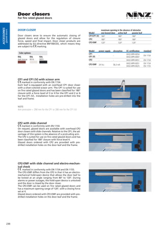 Door closers
                        For fire rated glazed doors
Accessories




                        DOOR CLOSER                                                                    maximum opening in the absence of obstacles
         glazed doors




                                                                                         Model         one-leaved door active leaf      passive leaf
                        Door closers serve to ensure the automatic closing of            CP1/CP1 (V)   180°             180°            180°
                        glazed doors and allow for the regulation of closure             CP2           180°             180°            180°
                        force, speed and final impact. Door closer products are
                                                                                         CP2-EMF       120°             120°            120°
                        addressed by EU directive 89/106/CEE, which means they
                        are subject to   marking.
                                                                                         Model     power supply     absorption    EC certification     standard
                         Color options:                                                  CP1                                      0432-BPR-0054
                                                                                         CP1 (V)   -                -                                  EN 1154
                        RAL           RAL     RAL                                                                                 0432-BPR-0007
                        dark bronze   9016    9005                                       CP2       -                -             0432-BPR-0051        EN 1154
                                                                                         CP2-EMF                                  0432-BPR-0051        EN 1154
                                                                                                   24 Vcc           58,3 mA
                                                                                                                                  0432-BPR-0025        EN 1155




                        CP1 and CP1 (V) with scissor arm
                            marked in conformity with EN 1154.
                        Each leaf is equipped with an overhead CP1 door closer
                        with a silver-colored scissor arm. The CP1 is suited for use
                        on fire rated glazed doors and has been classified for 180°
                        closure with a force level of 3 or 4 for the CP1 and 2 or 6
                        for the CP1 (V).. Installation holes are pre-drilled into the
                        leaf and frame.


                        NOTE
                        Arm protrusion = 290 mm for the CP1 or 280 mm for the CP1 (V)




                        CP2 with slide channel
                            marked in conformity with EN 1154.
                        On request, glazed doors are available with overhead CP2
                        door closers with slide channels. Relative to the CP1, the ad-
                        vantage of this system is the absence of a protruding arm.
                        The CP2 is suited for use on fire rated glazed doors and has
                        been classified for 180° closure with force level 4.
                        Glazed doors ordered with CP2 are provided with pre-
                        drilled installation holes on the door leaf and the frame.




                        CP2-EMF with slide channel and electro-mechan-
                        ical check
                             marked in conformity with EN 1154 and EN 1155.
                        The CP2–EMF differs from the CP2 in that it has an electro-
                        mechanical hold-open device that allows the door leaf to
                        be locked at an angle ranging from 80° to 120°. During
                        alarms or power outages, the hold-open device is unlocked
                        and the door is closed by the door closer.
                        The CP2-EMF can be used on fire rated glazed doors and
                        has a maximum opening range of 120°, with a closing force
                        set at 4.
                        Glazed doors ordered with CP2-EMF are provided with pre-
                        drilled installation holes on the door leaf and the frame.




              230
 