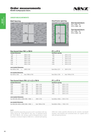 Order measurements
                   REVER multipurpose doors



                   ORDER MEASUREMENTS
    multipurpose
rever




                   Wall Opening                                                                Doorframe opening
                                                                                                                                      One-leaved doors
                                                                                                                                      PTL = FML - 74
                                                                                                                                      PTH = FMH - 40

                                                                                                                                      Two-leaved doors
                                                                                                                                      PTL = FML - 74
                                                                                                                                      PTH = FMH - 40




                                                                                                                                      

                   One-leaved door FM L x FM H	                                                PT L x PT H
                   standard dimensions                                                         doorframe opening
                    700       x              2050 / 2150                                        626                x   2010 / 2110
                    800       x              2050 / 2150                                        726                x   2010 / 2110
                    900       x              2050 / 2150                                        826                x   2010 / 2110
                   1000       x              2050 / 2150                                        926                x   2010 / 2110
                   1100       x              2050 / 2150                                       1026                x   2010 / 2110
                   1350       x              2050 / 2150                                       1276                x   2010 / 2110

                   semi-standard dimensions
                   from 500 to 1345    x    2050 / 2150                                        from 526 to 1271    x   2010 / 2110

                   non-standard dimensions
                   from 500 to 1350    x   from 1780 to 2150                                   from 526 to 1276    x   from 1740 to 2110



                   Two-leaved doors FM L (L1+L2) x FM H	                                       PT L x PT H
                   standard dimensions                                                         doorframe opening
                   1200                ( 800 + 400)        x      2050 / 2150                  1126        x       2010 / 2110
                   1300                ( 900 + 400)        x      2050 / 2150                  1226        x       2010 / 2110
                   1400                ( 700 + 700)        x      2050 / 2150                  1326        x       2010 / 2110
                   1600                ( 800 + 800)        x      2050 / 2150                  1526        x       2010 / 2110
                   1800                ( 900 + 900)        x      2050 / 2150                  1726        x       2010 / 2110
                   2000                (1000 + 1000)       x      2050 / 2150                  1926        x       2010 / 2110

                   semi-standard dimensions
                   from 900 (500+400) to 2000 (1000 +1000) x      2050 / 2150                  from 826 to 1926 x 2010 / 2110

                   non-standard dimensions
                   from 900 (500+400) to 2000 (1000 +1000) x      from 1780 to 2150            from 826 to 1926 x 1740 / 2110



                   NOTE
                   Buyers should be aware that pursuant to and in accordance with Leg-         2040 mm). Unless specified otherwise by the customer, two-leaved
                   islative Decree dd. 19.09.1994 Nr. 626, resp. of Legislative Decree         standard, semi-standard and customized doors are supplied with a
                   dd. 19.03.1996 Nr. 242, all doors used for emergency exits or routes        right pull opening direction.
                   musthave a minimum height of 2000 mm (= nominal wall opening




            46
 