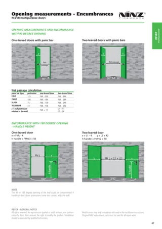Opening measurements - Encumbrances
REVER multipurpose doors



OPENING MEASUREMENTS AND ENCUMBRANCE




                                                                                                                                                                              multipurpose
                                                                                                                                                                          rever
WITH 90 DEGREE OPENING

One-leaved doors with panic bar                                                      Two-leaved doors with panic bars




                                                                                  

Net passage calculation
panic bar type      protrusion     one-leaved door        two-leaved door
EXUS                125            FML - 209              FML - 344
TWIST               100            FML - 184              FML - 294
SLASH               75             FML - 159              FML - 244
TOUCHBAR            74             FML - 158              FML - 242
z = leaf protrusion                                       L1 + 11
                                   FML + 11
relative to the wall                                      L2 + 56




ENCUMBRANCE WITH 180 DEGREE OPENING
- HANDLE HEIGHT

One-leaved door	                                                                     Two-leaved door
x = FML - 4                                                                          x = L1 - 4   y = L2 + 42
h handle = FMH/2 + 50                                                                h handle = FMH/2 + 50




NOTE
The 90 or 180 degree opening of the leaf could be compromised if
handle or door closer protrusions come into contact with the wall.




REVER - GENERAL NOTES
All rights reserved. No reproduction (partial or total) without prior authori-       Modifications may only be made as indicated in the installation instructions.
zation by Ninz. Ninz reserves the right to modify the product. Installation          Original NINZ replacement parts must be used for all repair work.
should be executed by qualified technicians.

                                                                                                                                                                     47
 