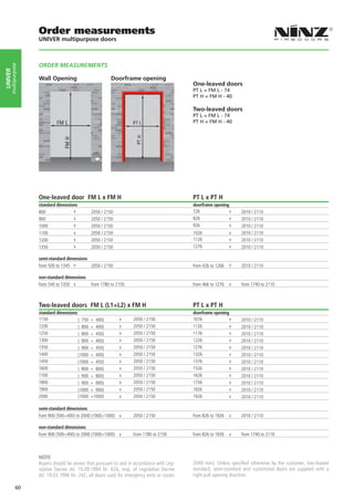 Order measurements
                    UNIVER multipurpose doors



                    ORDER MEASUREMENTS
     multipurpose
UNIVER




                    Wall Opening                          Doorframe opening
                                                                                           One-leaved doors
                                                                                           PT L = FM L - 74
                                                                                           PT H = FM H - 40

                                                                                           Two-leaved doors
                                                                                           PT L = FM L - 74
                                                                                           PT H = FM H - 40




                                                          


                    One-leaved door FM L x FM H                                            PT L x PT H
                    standard dimensions                                                    doorframe opening
                    800              x          2050 / 2150                                726               x    2010 / 2110
                    900              x          2050 / 2150                                826               x    2010 / 2110
                    1000             x          2050 / 2150                                926               x    2010 / 2110
                    1100             x          2050 / 2150                                1026               x   2010 / 2110
                    1200             x          2050 / 2150                                1126               x   2010 / 2110
                    1350             x          2050 / 2150                                1276               x   2010 / 2110

                    semi-standard dimensions
                    from 500 to 1345 x       2050 / 2150                                   from 426 to 1266   x   2010 / 2110

                    non-standard dimensions
                    from 540 to 1350 x          from 1780 to 2150                          from 466 to 1276   x   from 1740 to 2110



                    Two-leaved doors FM L (L1+L2) x FM H                                   PT L x PT H
                    standard dimensions                                                    doorframe opening
                    1150                ( 750   + 400)        x     2050 / 2150            1076              x    2010 / 2110
                    1200                ( 800   + 400)        x     2050 / 2150            1126              x    2010 / 2110
                    1250                ( 800   + 450)        x     2050 / 2150            1176              x    2010 / 2110
                    1300                ( 900   + 400)        x     2050 / 2150            1226              x    2010 / 2110
                    1350                ( 900   + 450)        x     2050 / 2150            1276              x    2010 / 2110
                    1400                (1000   + 400)        x     2050 / 2150            1326              x    2010 / 2110
                    1450                (1000   + 450)        x     2050 / 2150            1376              x    2010 / 2110
                    1600                ( 800   + 800)        x     2050 / 2150            1526              x    2010 / 2110
                    1700                ( 900   + 800)        x     2050 / 2150            1626              x    2010 / 2110
                    1800                ( 900   + 900)        x     2050 / 2150            1726              x    2010 / 2110
                    1900                (1000   + 900)        x     2050 / 2150            1826              x    2010 / 2110
                    2000                (1000   +1000)        x     2050 / 2150            1926              x    2010 / 2110

                    semi-standard dimensions
                    from 900 (500+400) to 2000 (1000+1000)    x     2050 / 2150            from 826 to 1926   x   2010 / 2110

                    non-standard dimensions
                    from 900 (500+400) to 2000 (1000+1000)    x     from 1780 to 2150      from 826 to 1926   x   from 1740 to 2110



                    NOTE
                    Buyers should be aware that pursuant to and in accordance with Leg-    2040 mm). Unless specified otherwise by the customer, two-leaved
                    islative Decree dd. 19.09.1994 Nr. 626, resp. of Legislative Decree    standard, semi-standard and customized doors are supplied with a
                    dd. 19.03.1996 Nr. 242, all doors used for emergency exits or routes   right-pull opening direction.

             60
 