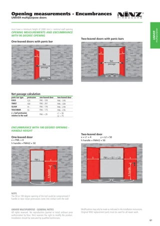 Opening measurements - Encumbrances
UNIVER multipurpose doors



must have a minimum height of 2000 mm (= nominal wall opening




                                                                                                                                                                  multipurpose
OPENING MEASUREMENTS AND ENCUMBRANCE




                                                                                                                                                             UNIVER
WITH 90 DEGREE OPENING
                                                                        Two-leaved doors with panic bars
One-leaved doors with panic bar




Net passage calculation
panic bar type      protrusion   one-leaved door    two-leaved door
EXUS                125          FML - 226          FML - 378
TWIST               100          FML - 201          FML - 328
SLASH               75           FML - 176          FML - 278
TOUCHBAR            74           FML - 175          FML - 276
z = leaf protrusion                                 L1 + 30
                                 FML + 29
relative to the wall                                L2 + 75




ENCUMBRANCE WITH 180 DEGREE OPENING -
HANDLE HEIGHT
                                                                        Two-leaved door
One-leaved door                                                         x = L1 + 4	      y = L2 + 50
x = FML + 4                                                             h handle = FMH/2 + 50
h handle = FMH/2 + 50




NOTE
The 90 or 180 degree opening of the leaf could be compromised if
handle or door closer protrusions come into contact with the wall.



UNIVER MULTIPURPOSE - GENERAL NOTES                                     Modifications may only be made as indicated in the installation instructions.
All rights reserved. No reproduction (partial or total) without prior   Original NINZ replacement parts must be used for all repair work.
authorization by Ninz. Ninz reserves the right to modify the product.
Installation should be executed by qualified technicians.
                                                                                                                                                        61
 