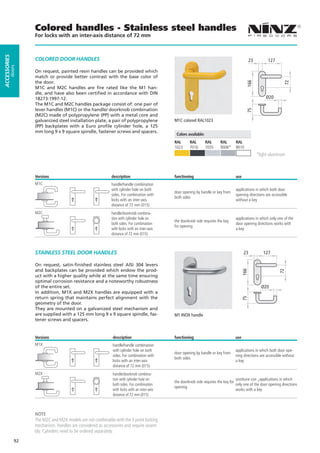 Colored handles - Stainless steel handles
                   For locks with an inter-axis distance of 72 mm
ACCESSORIES




                   COLORED DOOR HANDLES                                                                                                         23         127
         doors




                   On request, painted resin handles can be provided which
                   match or provide better contrast with the base color of
                   the door.




                                                                                                                                            166




                                                                                                                                                                   72
                   M1C and M2C handles are fire rated like the M1 han-
                   dle, and have also been certified in accordance with DIN
                   18273:1997-12.                                                                                                                        Ø20
                   The M1C and M2C handles package consist of: one pair of
                   lever handles (M1C) or the handle/ doorknob combination




                                                                                                                                            75
                   (M2C) made of polypropylene (PP) with a metal core and
                   galvanized steel installation plate, a pair of polypropylene              M1C colored RAL1023
                   (PP) backplates with a Euro profile cylinder hole, a 125
                   mm long 9 x 9 square spindle, fastener screws and spacers.
                                                                                              Colors available:
                                                                                             RAL      RAL         RAL     RAL       RAL
                                                                                             1023     7016        7035    9006*     9010
                                                                                                                                                     *light aluminum



                   Versions                                 description                      functioning                            use
                   M1C                                      handle/handle combination
                                                            with cylinder hole on both                                              applications in which both door
                                                                                             door opening by handle or key from
                                                            sides. For combination with                                             opening directions are accessible
                                                                                             both sides
                                                            locks with an inter-axis                                                without a key
                                                            distance of 72 mm (015)
                   M2C                                      handle/doorknob combina-
                                                            tion with cylinder hole on                                              applications in which only one of the
                                                                                             the doorknob side requires the key
                                                            both sides. For combination                                             door opening directions works with
                                                                                             for opening
                                                            with locks with an inter-axis                                           a key
                                                            distance of 72 mm (015)



                   STAINLESS STEEL DOOR HANDLES                                                                                           23            127

                   On request, satin-finished stainless steel AISI 304 levers
                   and backplates can be provided which endow the prod-
                                                                                                                                          166




                                                                                                                                                                 72
                   uct with a higher quality while at the same time ensuring
                   optimal corrosion resistance and a noteworthy robustness
                   of the entire set.                                                                                                                  Ø20
                   In addition, M1X and M2X handles are equipped with a
                   return spring that maintains perfect alignment with the
                                                                                                                                          75




                   geometry of the door.
                   They are mounted on a galvanized steel mechanism and
                   are supplied with a 125 mm long 9 x 9 square spindle, fas-                M1 INOX handle
                   tener screws and spacers.


                   Versions                                  description                     functioning                           use
                   M1X                                       handle/handle combination
                                                             with cylinder hole on both                                            applications in which both door ope-
                                                                                             door opening by handle or key from
                                                             sides. For combination with                                           ning directions are accessible without
                                                                                             both sides
                                                             locks with an inter-axis                                              a key
                                                             distance of 72 mm (015)
                   M2X                                       handle/doorknob combina-
                                                             tion with cylinder hole on                                             sostituire con „applications in which
                                                                                             the doorknob side requires the key for
                                                             both sides. For combination                                            only one of the door opening directions
                                                                                             opening
                                                             with locks with an inter-axis                                          works with a key
                                                             distance of 72 mm (015)



                   NOTE
                   The M2C and M2X models are not combinable with the 3 point locking
                   mechanism. Handles are considered as accessories and require assem-
                   bly. Cylinders need to be ordered separately.

              92
 