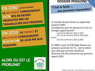 DOSSIER PENSIONS
* Rapport annuel 2015 - Comité d’Etude sur le Vieillissement
Le nombre de pensionnés va augmenter
jusqu’e...