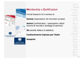 15
membership
Membership  e  Certificazioni
Format  Research  srl  è  membro  di
Esomar (associazione  dei  ricercatori  europei)
Assirm (confindustria)  -­ (associazione   istituti  
ricerche  di  mercato  e  sondaggi  di  opinione)
Sis (società  italiana  di  statistica)
Confcommercio  imprese  per  l’italia
Asseprim
 