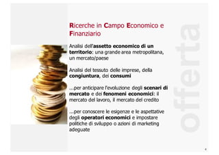 4
offerta
Ricerche  in  Campo  Economico  e  
Finanziario
Analisi  dell'assetto economico  di  un  
territorio:  una  grande  area  metropolitana,  
un  mercato/paese
Analisi  del  tessuto  delle  imprese,  della  
congiuntura,  dei  consumi
...per  anticipare  l'evoluzione  degli  scenari  di  
mercato e  dei  fenomeni  economici:  il  
mercato  del  lavoro,  il  mercato  del  credito
...per  conoscere  le  esigenze  e  le  aspettative  
degli  operatori  economici e  impostare  
politiche  di  sviluppo  o  azioni  di  marketing  
adeguate
 