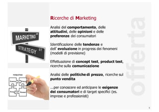 5
Ricerche  di  Marketing
Analisi  del  comportamento,  delle  
attitudini,  delle  opinioni e  delle  
preferenze dei  consumatori
Identificazione  delle  tendenze e  
dell’evoluzione in  progress  dei  fenomeni  
(modelli  di  previsione)
Effettuazione  di  concept test,  product test,  
ricerche  sulla  comunicazione
Analisi  delle  politiche  di  prezzo,  ricerche  sul  
punto  vendita
...per  conoscere  ed  anticipare  le  esigenze  
dei  consumatori e  di  target  specifici  (es.  
imprese  e  professionisti)
offerta
 