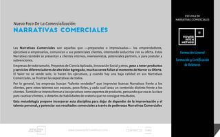 Nuevo Foco De La Comercialización:
NARRATIVAS COMERCIALES
Las Narrativas Comerciales son aquellas que —preparadas o improvisadas— los emprendedores,
ejecutivos o empresarios, comunican a sus potenciales clientes, intentando seducirlos con su oferta. Estas
Narrativas también se presentan a clientes internos, inversionistas, potenciales partners, o para postular a
subvenciones.
Empresas de todo tamaño, Proyectos de Ciencia Aplicada, Innovación Social y otros, pese a tener productos
y servicios diferenciadores de alto Valor Agregado, muchas veces fallan al momento de Narrar su Oferta.
El Valor no se vende solo, lo hacen los ejecutivos, y cuando hay una baja calidad en sus Narrativas
Comerciales, se frustran las expectativas de todos.
Por lo general, las empresas buscan “talento vendedor” que improvise buenas Narrativas frente a los
clientes, pero estos talentos son escasos, poco fieles, y cada cual lanza un contenido distinto frente a los
clientes. También se intenta formar a los ejecutivos como expertos de producto, pensando que esa es la clave
para cautivar clientes, o dotarlos de habilidades de oratoria que no consigue resultados.
Esta metodología propone incorporar esta disciplina para dejar de depender de la improvisación y el
talento personal, y potenciar sus resultados comerciales a través de poderosas Narrativas Comerciales
ESCUELA DE
NARRATIVAS COMERCIALES
Formación General
Formación y Certificación
de Relatores
CENTRECIDwww.powerpitchmethod.com
 