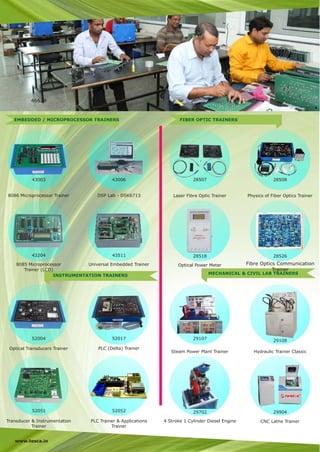 EMBEDDED / MICROPROCESSOR TRAINERS FIBER OPTIC TRAINERS
INSTRUMENTATION TRAINERS MECHANICAL & CIVIL LAB TRAINERS
46624
43003 43006
43204 43511
28507 28508
28518 28526
52004 52017
52051 52052
29107 29108
29702 29904
8086 Microprocessor Trainer DSP Lab - DSK6713
8085 Microprocessor
Trainer (LCD)
Universal Embedded Trainer
Laser Fibre Optic Trainer Physics of Fiber Optics Trainer
Optical Power Meter Fibre Optics Communication
Trainer
Optical Transducers Trainer PLC (Delta) Trainer
Transducer & Instrumentation
Trainer
PLC Trainer & Applications
Trainer
Steam Power Plant Trainer Hydraulic Trainer Classic
4 Stroke 1 Cylinder Diesel Engine CNC Lathe Trainer
www.tesca.in
 