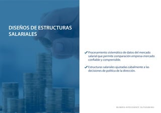 Business Intelligence Outsourcing
DISEÑOS DE ESTRUCTURAS
SALARIALES
Procesamiento sistemático de datos del mercado
salarial que permite comparación empresa-mercado
confiable y comprensible.
Estructuras salariales ajustadas cabalmente a las
decisiones de política de la dirección.
 