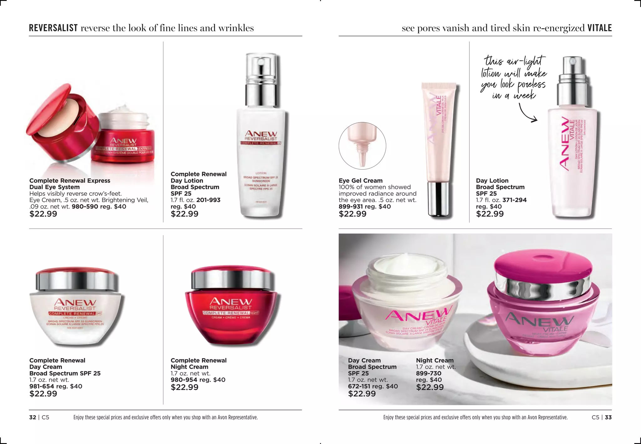 C5 | 3332 | C5
see pores vanish and tired skin re-energized vitalereversalist reverse the look of fine lines and wrinkles
Complete Renewal Express
Dual Eye System
Helps visibly reverse crow’s-feet.
Eye Cream, .5 oz. net wt. Brightening Veil,
.09 oz. net wt. 980-590 reg. $40
$22.99
Complete Renewal
Day Lotion
Broad Spectrum
SPF 25
1.7 fl. oz. 201-993
reg. $40
$22.99
Complete Renewal
Night Cream
1.7 oz. net wt.
980-954 reg. $40
$22.99
Complete Renewal
Day Cream
Broad Spectrum SPF 25
1.7 oz. net wt.
981-654 reg. $40
$22.99
Eye Gel Cream
100% of women showed
improved radiance around
the eye area. .5 oz. net wt.
899-931 reg. $40
$22.99
Day Lotion
Broad Spectrum
SPF 25
1.7 fl. oz. 371-294
reg. $40
$22.99
Day Cream
Broad Spectrum
SPF 25
1.7 oz. net wt.
672-151 reg. $40
$22.99
Night Cream
1.7 oz. net wt.
899-730
reg. $40
$22.99
C16
HandwritingArrow
this air-light
lotion will make
you look poreless
in a week
Enjoy these special prices and exclusive offers only when you shop with an Avon Representative. Enjoy these special prices and exclusive offers only when you shop with an Avon Representative.
 