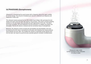 ULTRASOUND (Sonophoresis)
Ultrasound is characterized by sound waves with a frequency above the region audible
for human beings. The amount of vibrations per second is referred to as frequency and
measured in Hertz (Hz).
The ultrasonic waves produced by the REX-KARA Face & Body Lifter permeate the skin
deeply and reach even the lower skin layers in this process. They exert a smooth pulsating
pressure on the skin tissue, thus activating the self-regeneration of the skin. The blood
and lymph circulation, the cell metabolism and the production of collagen and elastin are
stimulated. The fat cell volume is reduced and the connective tissue is strengthened.
Moreover, the ultrasonic waves increase the permeability and absorbability of the skin
by loosening the skin tissue, increasing the cell space and releasing toxic waste products
stuck between the skin cells. This enables the insertion of specially ionized agents even
into the lower skin layers by synchronously operated galvanic ionization (iontophoresis).

Ultrasound made visible
by the movement of the molecules
of a drop of water

15

 