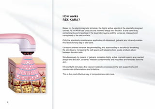 How works
REX-KARA?
Based on the electromagnetic principle, the highly active agents of the specially designed
ionized REX-KARA care products are inserted deeply into the skin. In the same way,
contaminants and impurities in the lower skin layers and the pores are released and
transported to the skin surface.
Only the absolutely simultaneous application of ultrasound, galvanic and infrared enables
this revolutionary way of skin care.
Ultrasonic waves enhance the permeability and absorbability of the skin by loosening
the skin layers, increasing the cell space and releasing toxic waste products stuck
between the skin cells.
Simultaneously, by means of galvanic ionisation highly active cosmetic agents are inserted
deeply into the skin, or rather, released contaminants and impurities are removed from the
skin.
Infrared light stimulates the natural metabolic processes in the skin supportively and
countervails inflammations and irritations.
This is the most effective way of comprehensive skin care.

6

 