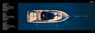 6 7
4OOWA
M a d e i n I t a l y
INFORMAZIONI GENERALI
Lunghezza fuori tutto: Mt. 12,90
Lunghezza Scafo: Mt. 11,36
Larghezza Mt. 3,82
Pescaggio: Mt. 1,30
Dislocamento pieno carico: 12342 Kg
Categoria CE: B
Motori standard opzione 1: Mercury Verado 300HP x 3
Motori standard opzione 2: Volvo Penta IPS 500 D6-380
Portata max persone: N.12
Posti letto: n°2 in 1 cabine + 1 cabina ospiti 2p. (optional)
Capacità carburante: Lt. 1280 circa
Capacità acqua: Lt. 200 circa
Matieriale scafo: VTR
Design: Ferragni Progetti
Engineering: Blu Sea
GENERAL INFORMATION
L.O.A.: Mt. 12,90
L. ISO: Mt. 11,36
Beam: Mt. 3,82
Draft: Mt. 1,30
Displacement: 12342 Kg
CE Category: B
Standard Engines option 1 : Mercury Verado 300HP x 3
Standard Engines option 2 : Volvo Penta IPS 500 D6-380
People: N.12
Accomodations: n°2 in 1 cabines + 1 Guest cabin 2p (Optional)
Fuel tank: Lt. 1280 approx
Fresh water tank: Lt. 200 approx
Hull material: GRP
Design: Ferragni Progetti
Engineering: Blu Sea
INFORMATIONS GENERALES
Longeur O.A.: Mt. 12,90
Longeur ISO: Mt. 11,36
Largeur Mt. 3,82
Tirant d’eau: Mt. 1,30
Déplacement: 12342 Kg approx
CategorieCE: B
Moteurs Standard option 1: Mercury Verado 300HP x 3
Moteurs Standard option 2: Volvo Penta IPS 500 D6-380
Personnes à bord: N.12
Aménagement: n°6 in 3 cabines + 1 Cabine invitées 2P (Optional)
Réservoir Gasoil: Lt. 1280 approx
Réservoir d’Eau: Lt. 200 approx
Materiel coque: GRP
Design: Ferragni Progetti
Engineering: Blu Sea
 