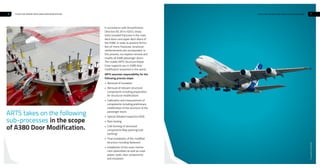 In accordance with Airworthiness
Directive AD 2014-0253, stress
tests revealed fractures in the main
deck doors and upper deck doors of
the A380. In order to prevent forma-
tion of micro-fractures, structural
reinforcements are incorporated. In
this process, our experts remove and
modify all A380 passenger doors.
The mobile ARTS Structure Repair
Crew supports you in A380 door
modification anywhere in the world.
ARTS assumes responsibility for the
following process steps:
• Removal of insulation
• Removal of relevant structural
components including preparation
for structural modifications
• Calibration and measurement of
components including preliminary
modification of the structure of the
passenger doors
• Special Detailed Inspection (SDI)
• Roto testing
• Cold forming of structural
components (flap peening/cold
working)
• Final installation of the modified
structure including fasteners
• Installation of the cover mecha-
nism assemblies as well as cover
plates, seals, door components
and insulation
.
.
.
.
.
.
.
.
.
.
.
ARTS takes on the following
sub-processes in the scope
of A380 Door Modification.
6 7
©a-events.ch,AndiGraf
STRUCTURE REPAIR CREW A380 DOOR MODIFICATIONSTRUCTURE REPAIR CREW A380 DOOR MODIFICATION
 
