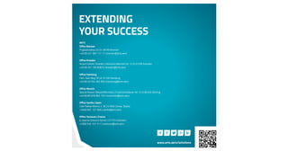 EXTENDING
YOUR SUCCESS
www.arts.aero/solutions
ARTS
Office Bremen
Flughafenallee 22 | D-28199 Bremen
+49 (0) 421 365 111 17 |
Office Dresden
Airport Center Dresden | Hermann-Reichelt-Str. 3 | D-01109 Dresden
+49 (0) 351 795 808 0 |
Office Hamburg
Hein-Saß-Weg 19 | D-21129 Hamburg
+49 (0) 40 554 354 950 |
Office Munich
Special Airport Oberpfaffenhofen | Friedrichshafener Str. 3 | D-82205 Gilching
+49 (0) 89 978 962 110 |
Office Sevilla | Spain
Calle Rafael Alberti, 4, 3E | 41900 Camas, Sevilla
+34(0) 692 127 006 |
Office Toulouse | France
6, Avenue Edouard Serres | 31770 Colomiers
+33(0) 534 527 511 | toulouse@arts.aero
bremen@arts.aero
hamburg@arts.aero
sevilla@arts.aero
dresden@arts.aero
muenchen@arts.aero
 