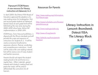 Harcourt STORYtown:
     A new resource for literacy                    Resources for Parents
    instruction at Oakwood, K-2
In April 2009, the District 113A Board of      http://www.reading.org/Information
                                               HU




Education approved the adoption of a           For/Parents.aspxU




new reading series for kindergarten, first,
and second grade students at Oakwood.          http://www2.scholastic.com/browse/
                                               HU                                   UH




Several classes at each grade level will be
field testing the new series during the
                                               parentsHome.jsp
                                                                                         Literacy Instruction in
2009-2010 school year, before full
implementation in 2010-2011.
                                               http://www.readingrockets.org
                                               U


                                                                                          Lemont-Bromberek
STORYtown, from Harcourt publishers, is        http://www.rif.org/parents
                                               U
                                                                                              District 113A:
aligned with the Illinois standards and will
                                               http://pbskids.org/lions/parents
                                                                                            The Literacy Block
provide the scope and sequence of              HU




instruction for students K-2. It will be       teachers/
                                               U




                                                                                                   K-5
used as a resource for phonemic
awareness, phonics, fluency, vocabulary,
and comprehension instruction. It will
not be used as the core reading material,
but will be used as one of many student
and teacher resources.

Parents should not expect the student
reading book to be sent home on a
regular basis. Other materials, geared
towards each student’s reading level and
particular needs, will be used to
differentiate the curriculum for all
learners.
 