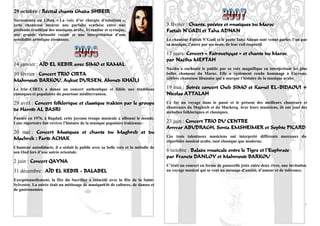 29 octobre : Récital chants Ghada SHBEIR
Surnommée au Liban « La voix d’or chargée d’émotions »,
cette chanteuse incarne une parfaite synthèse entre une                            3 février : Chants, poésies et musiques du Maroc
profonde érudition des musiques arabe, byzantine et syriaque,                      Fattah N’GADI et Taha ADNAN
une grande virtuosité vocale et une interprétation d’une
sensibilité artistique étonnante.                                                  Le chanteur Fattah N’Gadi et le poète Taha Adnan sont venus parler, l’un par
                                                                                   sa musique, l’autre par ses mots, de leur exil respectif.

                                                                                   17 mars: Concert « Fairouziyyat » et chants du Maroc
                                                                                   par Naziha MEFTAH
14 janvier : AÏD EL KEBIR avec SIMO et KAMAL
                                                                                   Naziha a enchanté le public par sa voix magnifique en interprétant les plus
10 février : Concert TRIO CIRTA                                                    belles chansons du Maroc. Elle a également rendu hommage à Fayrouz,
                                                                                   célèbre chanteuse libanaise qui a marqué l’histoire de la musique arabe.
Mahmoud BARKOU, Aykut DURSEN, Ahmed KHAÏLI
Le trio CIRTA a donné un concert authentique et fidèle aux traditions              19 mai : Soirée concert Cheb SIMO et Kamel EL-BIDAOUI +
classiques et populaires du pourtour méditerranéen.                                Nicolas ATTALAH
29 avril : Concert folklorique et classique irakien par le groupe                  Ce fut un voyage dans le passé et le présent des meilleurs chanteurs et
                                                                                   chanteuses du Maghreb et du Machreq. Avec leurs musiciens, ils ont joué des
de Hamid AL BASRI                                                                  mélodies folkloriques et classiques.
Fondée en 1976, à Bagdad, cette joyeuse troupe musicale a sillonné le monde.
Leur répertoire fait revivre l’histoire de la musique populaire irakienne.         23 juin : Concert TRIO DU CENTRE
                                                                                   Anwar ABUDRAGH, Sonia EMSHEIMER et Sophie PICARD
20 mai : Concert Musiques et chants du Maghreb et du
                                                                                   Ces trois talentueux musiciens ont interprété différents morceaux du
Machrek : Farid ACHAK                                                              répertoire musical arabe, tant classique que moderne.
Chanteur autodidacte, il a séduit le public avec sa belle voix et la mélodie de
son Oud lors d’une soirée orientale.                                               6 octobre : Balade musicale entre le Tigre et l’Euphrate
                                                                                   par Francis DANLOY et Mahmoud BARKOU
2 juin : Concert QAYNA
                                                                                   C’était un concert en forme de passerelle jetée entre deux rives, une invitation
31 décembre : AÏD EL KEBIR - BALABEL                                               au voyage musical qui se veut un message d’amitié, d’amour et de tolérance.

Exceptionnellement, la fête du Sacrifice a coïncidé avec la fête de la Saint-
Sylvestre. La soirée était un métissage de musiques et de cultures, de danses et
de gastronomies.


                                                                                                                                                                12
 