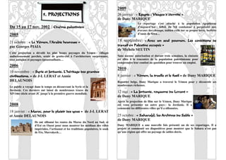 2009
                         5. PROJECTIONS                                            26 janvier : « Egypte : Visages d’éternité »
                                                                                   de Dany MARIQUE
                                                                                                  Le reportage s’est attaché à la population égyptienne
Du 15 au 17 nov. 2002 : Cinéma palestinien                                                        d’aujourd’hui : fellah du Nil condamné à perpétuité aux
                                                                                                  travaux des champs, nubien exilé sur sa propre terre, berbère
2005                                                                                              d’oasis de Siwa…

21 octobre : « Le Yémen, l’Arabie heureuse »                                       18 septembre: « Avec un seul poumon. Les conditions de
par Georges PIAIA                                                                  travail en Palestine occupée »
                                                                                   de Michèle SEUTIN
Cette projection a dévoilé les plus beaux paysages du Yémen : villages
audacieusement perchés, ornés de gratte-ciel à l’architecture surprenante,         Sans aucune autorisation et durant trois semaines, la cinéaste
sites antiques et paysages époustouflants…                                         est allée à la rencontre de la population palestinienne pour
                                                                                   comprendre leur combat au quotidien pour trouver un emploi.
2006
                                                                                   2010
10 novembre : « Syrie et Jordanie. L’héritage des grandes
civilisations. » de J-L LERAT et Annie                                             8 janvier : « Yémen, la truelle et le fusil » de Dany MARIQUE
DELAUNOIS                                                                          Reporter belge, Dany Marique a traversé le Yémen pour y découvrir ses
                                                                                   nombreuses richesses.
Le public a voyagé dans le temps en découvrant la Syrie et la
Jordanie. Ces derniers ont laissé de nombreuses traces du
XIVème siècle avant JC jusqu’à la première guerre mondiale.
                                                                                   12 mai : « La Jordanie, royaume du Levant »
                                                                                   de Dany MARIQUE
                                                                                   Après la projection de film sur le Yémen, Dany Marique
2008                                                                               est venu présenter un autre pays : la Jordanie. Il a
                                                                                   commenté les différentes villes qu’il a sillonnées.
18 janvier : « Maroc, pour le plaisir des yeux » de J-L LERAT
et Annie DELAUNOIS                                                                 25 octobre : « Sahara(s), les Archives du Sable »
                                                                                   de Dany MARIQUE
                   Ils ont sillonné les routes du Maroc du Nord au Sud, et
                   d’Est en Ouest pour nous montrer les médinas des villes         Dany MARIQUE a une nouvelle fois présenté un de ses reportages. Il a
                   impériales, l’artisanat et les traditions populaires, le souk   projeté et commenté ses diapositives pour montrer que le Sahara n’est pas
                   de Fès, Marrakech…                                              qu’une région qui offre un paysage de sables dorés.



                                                                                                                                                            16
 