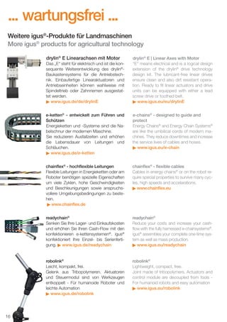 ... wartungsfrei ...
Weitere igus®-Produkte für Landmaschinen
More igus® products for agricultural technology
drylin® E Linearachsen mit Motor
Das „E“ steht für elektrisch und ist die konsequente Weiterentwicklung des drylin®Baukastensystems für die Antriebstechnik. Einbaufertige Linearaktuatoren und
Antriebseinheiten können wahlweise mit
Spindeltrieb oder Zahnriemen ausgestattet werden.
www.igus.de/de/drylinE

drylin® E | Linear Axes with Motor
“E” means electrical and is a logical design
extension of the drylin® drive technology
design kit. The lubricant-free linear drives
ensure clean and also dirt resistant operation. Ready to ﬁt linear actuators and drive
units can be equipped with either a lead
screw drive or toothed belt.
www.igus.eu/eu/drylinE

e-ketten® - entwickelt zum Führen und
Schützen
Energieketten und -Systeme sind die Nabelschnur der modernen Maschine.
Sie reduzieren Ausfallzeiten und erhöhen
die Lebensdauer von Leitungen und
Schläuchen.
www.igus.de/e-ketten

e-chains® - designed to guide and
protect
Energy Chains® and Energy Chain Systems®
are like the umbilical cords of modern machines. They reduce downtimes and increase
the service lives of cables and hoses.
www.igus.eu/e-chain

chainﬂex® - hochﬂexible Leitungen
Flexible Leitungen in Energieketten oder am
Roboter benötigen spezielle Eigenschaften
um viele Zyklen, hohe Geschwindigkeiten
und Beschleunigungen sowie anspruchsvollere Umgebungsbedingungen zu bestehen.
www.chainﬂex.de

chainﬂex® - ﬂexible cables
Cables in energy chains® or on the robot require special properties to survive many cycles, high speeds and accelarations.
www.chainﬂex.eu

readychain®
Senken Sie Ihre Lager- und Einkaufskosten
und erhöhen Sie Ihren Cash-Flow mit den
konfektionieren e-kettensystemen®. igus®
konfektioniert Ihre Einzel- bis Serienfertigung. www.igus.de/readychain

readychain®
Reduce your costs and increase your cashﬂow with the fully harnessed e-chainsystems®.
igus® assembles your complete one-time system as well as mass production.
www.igus.eu/readychain

robolink®
Leicht, kompakt, frei.
Gelenk aus Tribopolymeren. Aktuatoren
und Steuermodul sind von Werkzeugen
entkoppelt - Für humanoide Roboter und
leichte Automation
www.igus.de/robolink

robolink®
Lightweight, compact, free.
Joint made of tribopolymers. Actuators and
control module are decoupled from tools For humanoid robots and easy automation
www.igus.eu/robolink

16
D-EN_Agrar_v2.indd 16

05.11.13 13:14

 