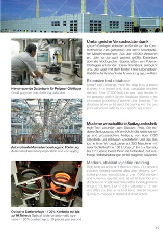 Umfangreiche Versuchsdatenbank
iglidur®-Gleitlager bedeuten den Schritt von der Kunststoffbuchse zum getesteten und damit berechenbaren Maschinenelement. Aus über 15.000 Versuchen
pro Jahr ist die wohl weltweit größte Datenbank
über die tribologischen Eigenschaften von PolymerGleitlagern entstanden. Diese Datenbank ermöglicht
uns, das Lager mit dem besten Preis-LebensdauerVerhältnis für Ihre konkrete Anwendung auszuwählen.

Extensive test database
Hervorragende Datenbank für Polymer-Gleitlager
Great polymer plain bearing database

iglidur® plain bearings mean the step from a plastic
bushing to a tested and, thus, calculable machine
element. Over 15,000 tests per year have resulted in
the probably world’s largest database relating to the
tribological properties of polymer plain bearings. This
database allows us to select the bearing with the best
price-service life ratio for your speciﬁc application.

Moderne wirtschaftliche Spritzgusstechnik

Automatisierte Materialvorbereitung und Förderung
Automated material preparation and conveying

High-Tech Lösungen zum Discount Preis. Die moderne Spritzgusstechnik ermöglicht die kostengünstige und prozesssichere Fertigung von über 7.000
Standards und zahllosen Sonderteilen und das alles
just in time! Wir produzieren auf 200 Maschinen mit
einer Schließkraft bis 130 t. Unser „7 bis 8 + Samstag
bis 12“-Service bietet Ihnen die Sicherheit, auf kurzfristige Bedarfsänderungen schnell reagieren zu können.

Modern, efﬁcient injection molding
High-tech solutions at a discount price. Our modern
injection molding systems allow cost-effective, controlled-process manufacture of over 7,000 standard
and numerous special parts, all just in time! Our production runs on 200 machines with a locking pressure
of up to 130 tons. Our “7 to 8 + Saturday to 12” service offers you the certainty of being able to respond
quickly to changes in demand at short notice.

Optische Sortieranlage - 100% Kontrolle mit bis
zu 10 Teilen/s Optical tests on automatic systems - 100% control, up to 10 pieces per second
19
D-EN_Agrar_v2.indd 19

05.11.13 13:14

 