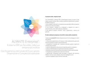 17
Fa proprio tutto, meglio di tutti.
 
Con POLYEDRO il software ERP di TeamSystem supera se stesso e alle
medie e grandi imprese offre la migliore piattaforma gestionale di sempre:
ALYANTE Enterprise.
Lapiùcompleta:copretuttiiprincipaliprocessiaziendalieoffreunagamma
vastissima di verticali di settore.
La più semplice: semplice da configurare e semplice da usare e
personalizzare, anche nelle realtà più complesse.
La più aperta: fa parlare i processi, i dati, le applicazioni, i device e le
persone.
 
È nelle realtà più complesse che brilla il valore della semplicità.
L’utilizzo delcanale ACG metteadisposizioneunmixdivantaggipericlienti
di ALYANTE:
• conoscenza approfondita del mercato e delle problematiche gestionali
inerenti le aziende di medie e grandi dimensioni;
• competenze di prodotto per trasferire al mercato qualità e logiche di
sviluppo del produttore;
• capacità nella gestione dei processi di aziende grandi e complesse;
• utilizzo di metodologie per la gestione di processi complessi;
• profonda conoscenza dei processi di business di tutte le aree aziendali;
• competenze su specifici servizi verticali di mercato;
• approfondite competenze sulle tecnologie a supporto del business
(Mobile, Internet, Social, Analytics, Business Intelligence, etc.);
• presenza capillare su tutto il territorio nazionale.
ALYANTE Enterprise®
:
Il sistema ERP più flessibile, nella sua
versione più evoluta
Con l’esperienza del canale ACG per gestire
Dimensione e Complessità aziendale
 
