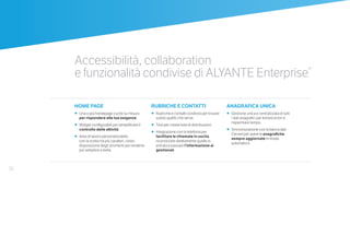 26
HOME PAGE
•	 	Una o più homepage cucite su misura
per rispondere alle tue esigenze.
•		Widget configurabili per semplificare il
controllo delle attività.
•		Area di lavoro personalizzabile,
con la scelta tra più caratteri, colori,
disposizione degli strumenti per renderla
più semplice e bella.
RUBRICHE E CONTATTI
•		Rubriche e contatti condivisi per trovare
subito quello che serve.
•		Tool per creare liste di distribuzioni.
•		Integrazione con la telefonia per
facilitare le chiamate in uscita,
riconoscere direttamente quelle in
entrata e passare l’informazione ai
gestionali.
ANAGRAFICA UNICA
•		Gestione unica e centralizzata di tutti
i dati anagrafici per evitare errori e
risparmiare tempo.
•		Sincronizzazione con la banca dati
Cerved per avere le anagrafiche
sempre aggiornate in modo
automatico.
Accessibilità, collaboration
e funzionalità condivise di ALYANTE Enterprise®
 