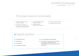 39
ALYANTE Enterprise®
b AREE FUNZIONALI | ACQUISTI E SCM
•	 Parametrizzazione
•	 Integrazione
•	 Tracciabilità
•	 Controllo sui fornitori
•	 Cruscotti globali e multiaziendali
•	 Caricamento a magazzino dei materiali
	 con evasione ordine al fornitore
	 o movimentazione diretta da documenti
	 di acquisto
•	 Statistiche commerciali e analisi
	 	 su tempi di consegna
•	 Integrazione con il magazzino
•	 Gestione della richiesta di offerta al
	 fornitore con trasformazione in ordine
•	 Controllo puntualità consegne
	 	 e gestione dei solleciti
•	 Gestione documenti
	 	 (preventivi, ordini, fatture, ecc.)
•	 Gestione ordini aperti e contratti
•	 Gestione diretta da analisi MRP
	
• Aspetti distintivi
Principali moduli e funzionalità
 