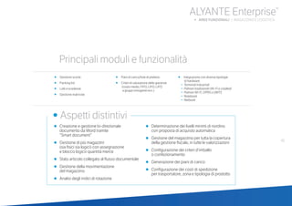 41
ALYANTE Enterprise®
b AREE FUNZIONALI | MAGAZZINO E LOGISTICA
•	 Gestione scorte
•	 Packing list
•	 Lotti e scadenze
•	 Gestione matricole
•	 Piani di carico/liste di prelievo
•	 Criteri di valutazione delle giacenze
	 	 (costo medio, FIFO, LIFO, LIFO
	 	 a gruppi omogenei ecc.)
•	 Integrazione con diverse tipologie
	 	 di hardware: 
∙ Terminali industriali
∙ Palmari tradizionali (Wi-Fi o cradled)
∙ Palmari Wi-Fi, GPRS o UMTS
∙ Notebook
∙ Netbook
•	 Creazione e gestione bi-direzionale
documento da Word tramite
	 “Smart document”
•	 Gestione di più magazzini
	 (sia fisici sia logici) con assegnazione
	 e blocco logico quantità merce
•	 Stato articolo collegato al flusso documentale
•	 Gestione della movimentazione
	 del magazzino
•	 Analisi degli indici di rotazione
•	 Determinazione dei livelli minimi di riordino
con proposta di acquisto automatica
•	 Gestione del magazzino per tutta la copertura
della gestione fiscale, in tutte le valorizzazioni
•	 Configurazione dei criteri d’imballo
	 o confezionamento
•	 Generazione dei piani di carico
•	 Configurazione dei costi di spedizione
	 per trasportatore, zona e tipologia di prodotto
	
• Aspetti distintivi
Principali moduli e funzionalità
 