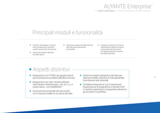 45•	 Integrazione con il PDM, per gestire tutta la
documentazione prodotta dall’ufficio tecnico
•	 Integrazione con tutti i moduli software
TeamSystem (distinta base, cicli, ecc.) e, in
modo nativo, con SolidWorks®
•	 Archiviazione funzionale dei documenti,
	 con il massimo livello di sicurezza del dato
•	 Sistema di replica geografica del dato per
ottenere il livello massimo di interoperabilità
fra le diverse sedi aziendali
•	 Completa integrazione con il sistema per
l’esportazione di anagrafiche e distinte CAD
in maniera automatica e trasparente attraverso
gli strumenti di workflow
ALYANTE Enterprise®
b AREE FUNZIONALI | UFFICIO TECNICO E PROGETTAZIONE
•	 Gestione, dal disegno, di tutti gli 	 	
	 articoli componenti il prodotto,
	 	 e delle fasi previste in lavorazione
•	 Utilizzo dei prodotti alternativi
	 	 e/o delle opzioni
•	 Indicazione e gestione delle varie fasi 	
alternative alla realizzazione
	 	 del prodotto
•	 Creazione e utilizzo di cicli di vita
	 (workflow) per definire lo stato di 	 	
avanzamento dei documenti
	 	 e la regolamentazione in termini
	 	 di fruibilità aziendale
	
• Aspetti distintivi
Principali moduli e funzionalità
 