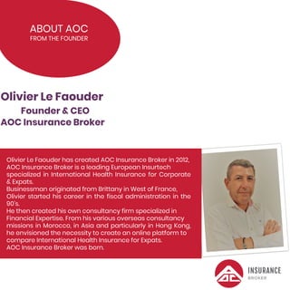 ABOUT AOC
FROM THE FOUNDER
Olivier Le Faouder
Founder & CEO
AOC Insurance Broker
Olivier Le Faouder has created AOC Insurance Broker in 2012,
AOC Insurance Broker is a leading European Insurtech
specialized in International Health Insurance for Corporate
& Expats.
Businessman originated from Brittany in West of France,
Olivier started his career in the fiscal administration in the
90’s.
He then created his own consultancy firm specialized in
Financial Expertise. From his various overseas consultancy
missions in Morocco, in Asia and particularly in Hong Kong,
he envisioned the necessity to create an online platform to
compare International Health Insurance for Expats.
AOC Insurance Broker was born.
 