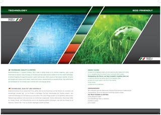 TECHNOLOGY

ECO FRIENDLY

MADE in

ITALY

MADE in

ITALY

TECHNOLOGY, QUALITY & CONTROL

ENERGY SAVING

Asservimentipresse is a dynamic company, that in order to better answer to its customer exigencies, gives a great

An electronic straightener-feeder unit with electronic pilot release which allows

importance to research, study and design of innovative and high quality solutions based on the most modern technology;

you to completely clear the material using a numerical control system.

all without forgetting the experience gained in several working years, which ensure an high product reliability. All plants
are managed with intuitive control panels, mainly touch-screen, characterized by an innovative design, high performances
and homologated for the principal export countries with multi-language design.

Anticipating the future, we have created a machine that can:
reduce the opening and closing time of the straightener head
reduce the impact speed of the rolls on the material
save energy
reduce the use of lubricants

TECHNOLOGIE, QUALITÄT UND KONTROLLE
Asservimentipresse ist eine dynamische Firma, großen Wert auf die Entwicklung und das Studium von innovativen und
hochwertigen Lösunden legt, um ihre Kunden zu befriedigen. Die hohe Zuverlässigkeit der Produkte entsteht über
modernste Technologie und die Erfahrung aus vielen Jahren. Alle unsere Anlagen werden mit verständlicher, elektronischer
Überwachungen gesteuert und sind zumeist mit Touchscreen ausgestattet. Unsere elektronischen Steuerungen haben

ENERGIESPAREN
Wir produzieren auch eine elektronische Vorschub-Richtmaschine mit elektronischer
Zwischenlüftung, die es mit Hilfe eines numerischen Systems erlaubt,
das Band komplett zu befreien.
diese Maschine erlaubt
die Kopfsöffnungs-Zeiten zu reduzieren

ein innovativ Design, sind funktionstüchtig und von den Hauptexportländern homologiert, das heißt das Display ist auf

energie zu sparen

Italienisch, Deutsch oder in der vom Kunden angefragten Sprache verfügbar.

öl zu sparen

 