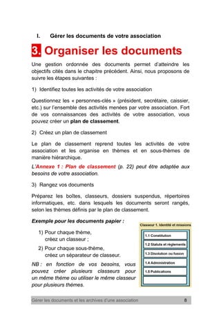 Gérer les documents et les archives d’une association 8
I. Gérer les documents de votre association
3. Organiser les documents
Une gestion ordonnée des documents permet d’atteindre les
objectifs cités dans le chapitre précédent. Ainsi, nous proposons de
suivre les étapes suivantes :
1) Identifiez toutes les activités de votre association
Questionnez les « personnes-clés » (président, secrétaire, caissier,
etc.) sur l’ensemble des activités menées par votre association. Fort
de vos connaissances des activités de votre association, vous
pouvez créer un plan de classement.
2) Créez un plan de classement
Le plan de classement reprend toutes les activités de votre
association et les organise en thèmes et en sous-thèmes de
manière hiérarchique.
L’Annexe 1 : Plan de classement (p. 22) peut être adaptée aux
besoins de votre association.
3) Rangez vos documents
Préparez les boîtes, classeurs, dossiers suspendus, répertoires
informatiques, etc. dans lesquels les documents seront rangés,
selon les thèmes définis par le plan de classement.
Exemple pour les documents papier :
1) Pour chaque thème,
créez un classeur ;
2) Pour chaque sous-thème,
créez un séparateur de classeur.
NB : en fonction de vos besoins, vous
pouvez créer plusieurs classeurs pour
un même thème ou utiliser le même classeur
pour plusieurs thèmes.
 