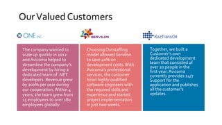 The company wanted to
scale up quickly in 2012
andAvicoma helped to
streamline the company’s
development by hiring a
dedicated team of .NET
developers. Revenue grew
by 200% per year during
our cooperation.Within 4
years, the team grew from
15 employees to over 180
employees globally.
ChoosingOutstaffing
model allowed Servilon
to save 40% on
development costs.With
Avicoma’s professional
services, the customer
hired highly qualified
software engineers with
the required skills and
experience and started
project implementation
in just two weeks.
Together, we built a
Customer’s own
dedicated development
team that consisted of
over 20 people in the
first year. Avicoma
currently provides 24/7
Support for the
application and publishes
all the customer’s
updates.
OurValued Customers
 