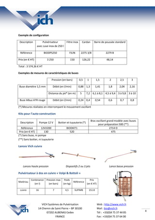 4
Web : http://www.vich.fr
Mail : bio@vich.fr
Tél : +33(0)4 75 37 44 85
Fax : +33(0)4 75 37 64 00
VICH Systèmes de Pulvérisation
14 Chemin de Saint Pierre – BP 30100
07202 AUBENAS Cedex
FRANCE
Exemple de configuration
Description Pulvérisateur
avec cuve inox de 250 l
Filtre inox Cardan Barre de poussée standard
Référence BIODPS250 FILIN 2275 3/8 2279 B
Prix (en € HT) 3 250 150 126,22 48,14
Total : 3 574,36 € HT
Exemples de mesures de caractéristiques de buses
Pression (en bars) 0,5 1 1,5 2 2,5 3
Buse diamètre 1,5 mm Débit (en l/min) 0,88 1,3 1,41 1,8 2,04 2,16
Distance du jet* (en m) 5 7,2 6,1 à 8,1 4,5 à 9,4 3 à 9,8 3 à 10
Buse Albuz ATR rouge Débit (en l/min) 0,24 0,4 0,54 0,6 0,7 0,8
(*) Mesures réalisées en interrompant le mouvement oscillant
Kits pour l’auto-construction
Description Pompe 12 V Boitier et tuyauterie (*)
Bras oscillant grand modèle avec buses
pour préparation 500 (**)
Référence 12V2200 BIODKIT1 2714 O
Prix (en € HT) 130 520 475
(*) Sans buse, ni pompe
(**) Sans boitier, ni tuyauterie
Lances Vich cuivre
Dispositifs 2 ou 3 jets Lances basse pression
Lance haute pression
 